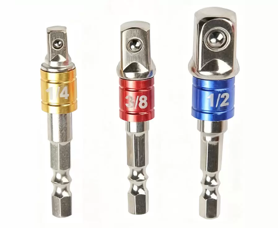 Conjunto de adaptadores para soquetes de impacto com encaixe hexagonal de 1/4”, 3/8” e 1/2” em várias cores.
